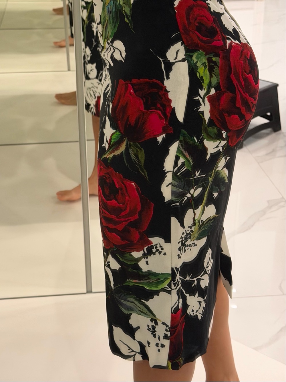 Black Floral Midi Dress with Red Rose Print